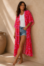 Load image into Gallery viewer, Sun &amp; Palm Tree Long Kimono in Hot Pink: One-size
